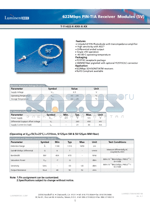 T-11-622-P-S-GR datasheet - 622Mbps PIN-TIA Receiver Modules (5V)