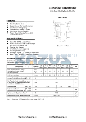 SB20100CT datasheet - 20A Dual Schottky Barrier Rectifier