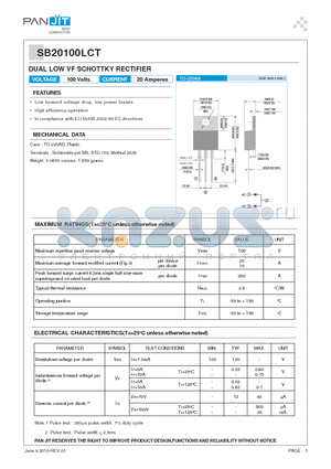 SB20100LCT datasheet - DUAL LOW VF SCHOTTKY RECTIFIER