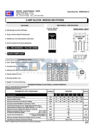 SB201 datasheet - 2 AMP SILICON BRIDGE RECTIFIERS