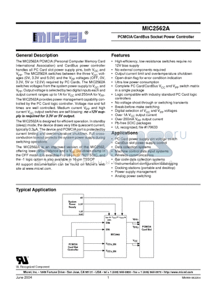 MIC2562A datasheet - PCMCIA/CardBus Socket Power Controller