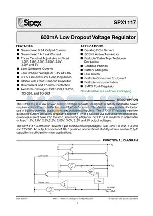 SPX1117R-3.3/TR datasheet - 800mA Low Dropout Voltage Regulator