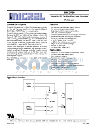 MIC2566 datasheet - Single-Slot PC Card/CardBus Power Controller