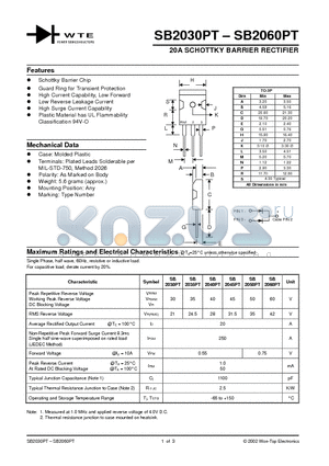 SB2030PT datasheet - 20A SCHOTTKY BARRIER RECTIFIER