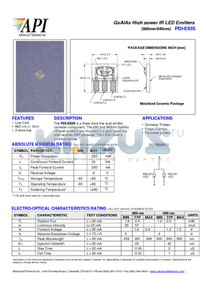 PDI-E835 datasheet - GaAlAs High power IR LED Emitters (660nm/940nm)