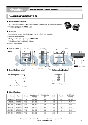 MT1610A datasheet - MODEM Transformer