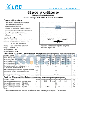 SB2045 datasheet - Schottky Barrier Rectifiers Reverse Voltage 35 to 100V Forward Current 20A