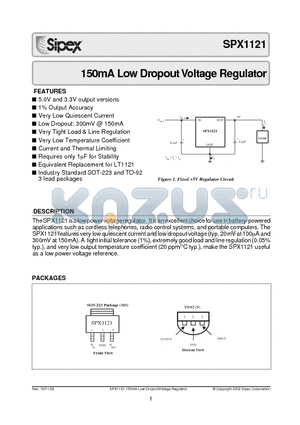 SPX1121M3-5.0 datasheet - 150mA Low Dropout Voltage Regulator