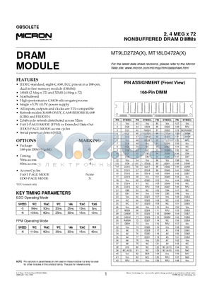 MT18LD472A datasheet - 2, 4 MEG x 72 NONBUFFERED DRAM DIMMs