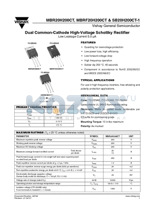 SB20H200CT-1 datasheet - Dual Common-Cathode High-Voltage Schottky Rectifier