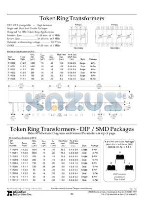 T-11281 datasheet - Token Ring Transformers - DIP / SMD Packages