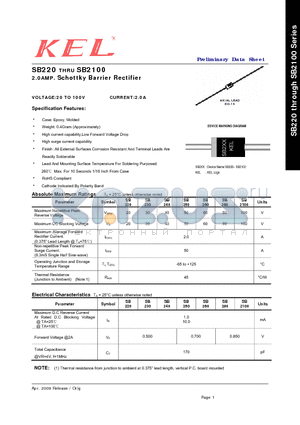 SB2100 datasheet - 2.0AMP. Schottky Barrier Rectifier