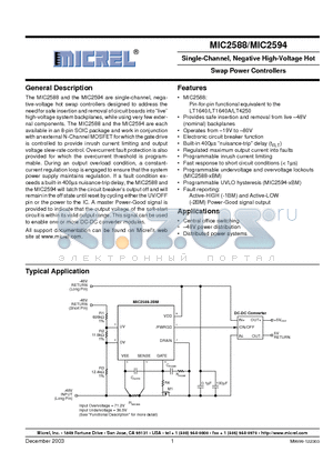MIC2588 datasheet - Single-Channel, Negative High-Voltage Hot Swap Power Controllers