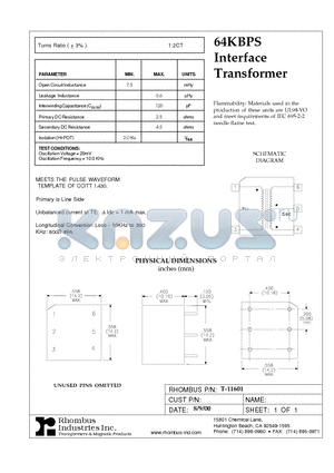 T-11601 datasheet - 64KBPS Interface Transformer