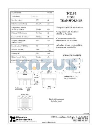 T-1193 datasheet - HDSL TRANSFORMER