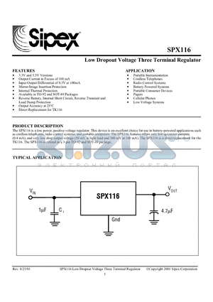 SPX116N-3.0 datasheet - Low Dropout Voltage Three Terminal Regulator