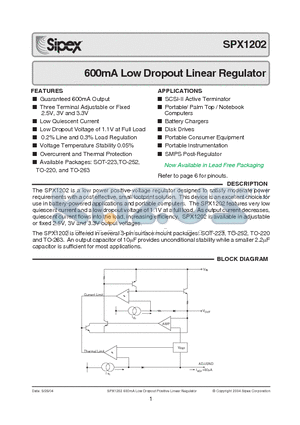 SPX1202M3 datasheet - 600mA Low Dropout NPN Voltage Regulator