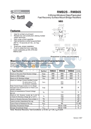 RMB6S datasheet - 0.8Amps Miniature Glass Passivated Fast Recovery Surface Mount Bridge Rectifiers