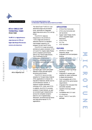 MT2131 datasheet - RF SILICON AND SUBSYSTEMS SOLUTIONS FOR BROADBAND COMMUNICATIONS AND AUTOMOTIVE ELECTRONICS