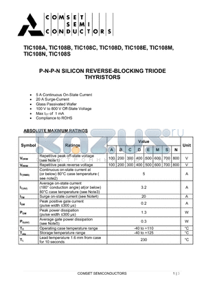 TIC108A datasheet - P-N-P-N SILICON REVERSE-BLOCKING TRIODE THYRISTORS