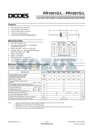 PR1003GL-T datasheet - 1.0A FAST RECOVERY GLASS PASSIVATED RECTIFIER
