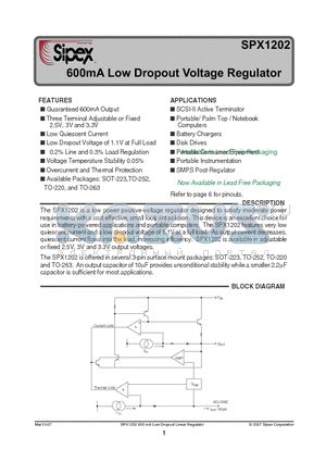 SPX1202M3-L-3-0/TR datasheet - 600mA Low Dropout Voltage Regulator