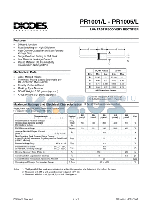 PR1003L datasheet - 1.0A FAST RECOVERY RECTIFIER