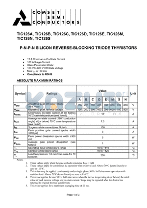TIC126B datasheet - P-N-P-N SILICON REVERSE-BLOCKING TRIODE THYRISTORS