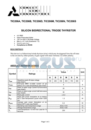 TIC206N datasheet - SILICON BIDIRECTIONAL TRIODE THYRISTOR