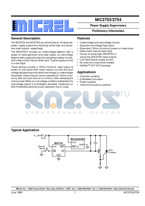 MIC2754-RBM5 datasheet - Power Supply Supervisors Preliminary Information