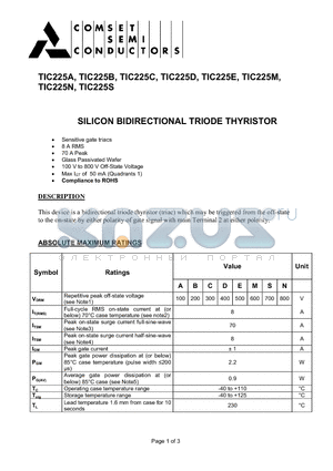 TIC225A datasheet - SILICON BIDIRECTIONAL TRIODE THYRISTOR