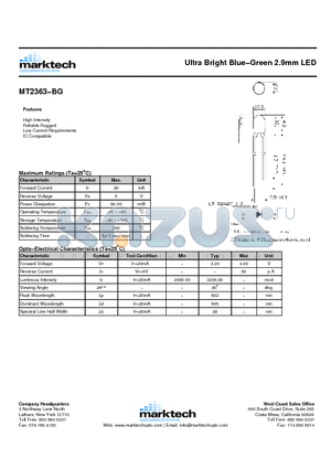 MT2363-BG datasheet - Ultra Bright Blue−Green 2.9mm LED