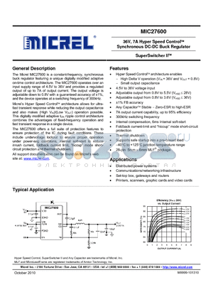 MIC27600 datasheet - 36V, 7A Hyper Speed Control Synchronous DC-DC Buck Regulator