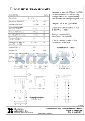 T-1298 datasheet - HDSL TRANSFORMER