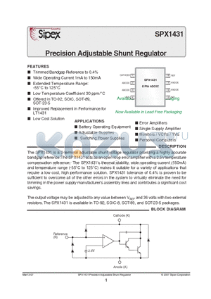 SPX1431 datasheet - Precision Adjustable Shunt Regulator