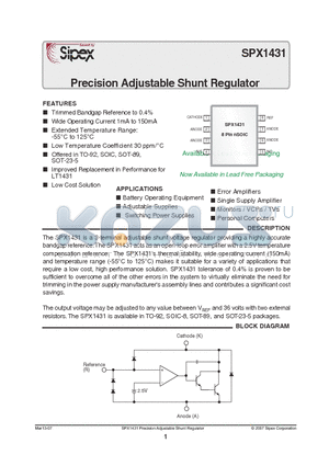 SPX1431M1 datasheet - Precision Adjustable Shunt Regulator