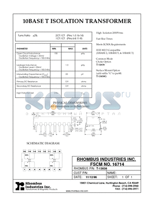 T-13038 datasheet - 10BASE T ISOLATION TRANSFORMER