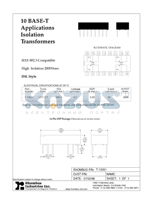 T-13051 datasheet - 10 BASE-T Applications Isolation Transformers