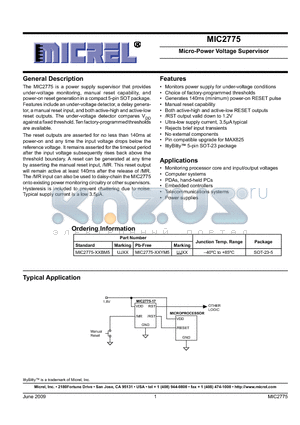 MIC2775-XXBM5 datasheet - Micro-Power Voltage Supervisor