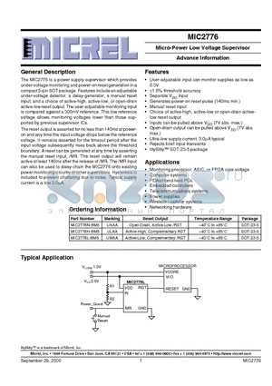 MIC2776H-BM5 datasheet - Micro-Power Low Voltage Supervisor
