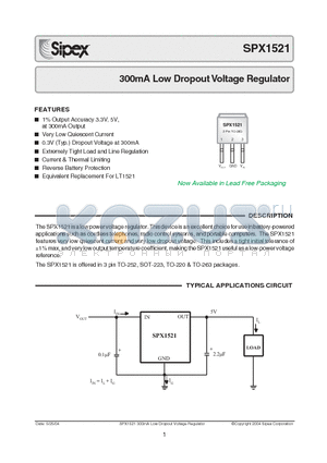 SPX1521M3-5.0/TR datasheet - 300mA Low Dropout Voltage Regulator