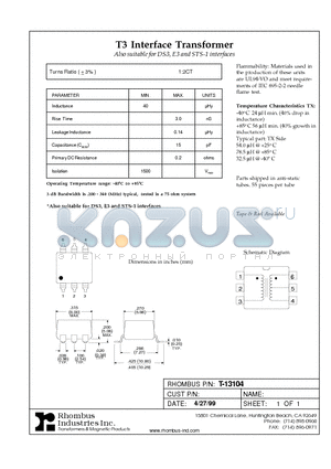 T-13104 datasheet - T3 Interface Transformer