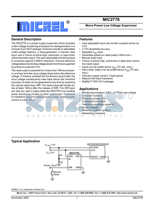 MIC2776_05 datasheet - Micro-Power Low Voltage Supervisor
