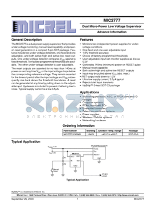 MIC2777 datasheet - Dual Micro-Power Low Voltage Supervisor Advance Information
