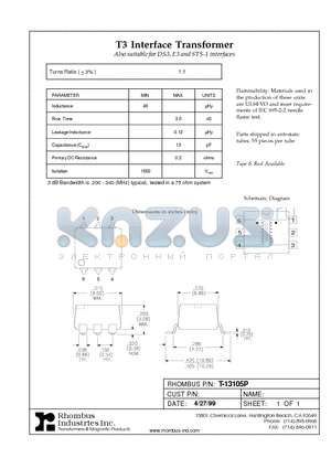 T-13105P datasheet - T3 Interface Transformer