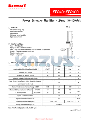 SB240 datasheet - Power Schottky Rectifier - 2Amp 40~100Volt