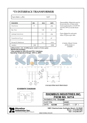 T-13109 datasheet - T3 INTERFACE TRANSFORMER