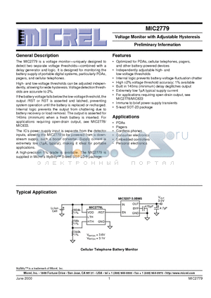 MIC2779 datasheet - Voltage Monitor with Adjustable Hysteresis Preliminary Information