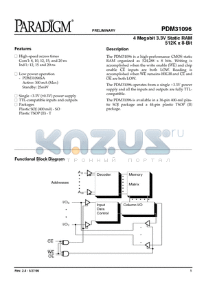 PDM31096SA10SOTY datasheet - 4 Megabit 3.3V Static RAM 512K x 8-Bit