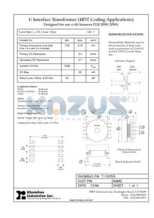 T-13225G datasheet - U Interface Transformer (4B3T Coding Applications)